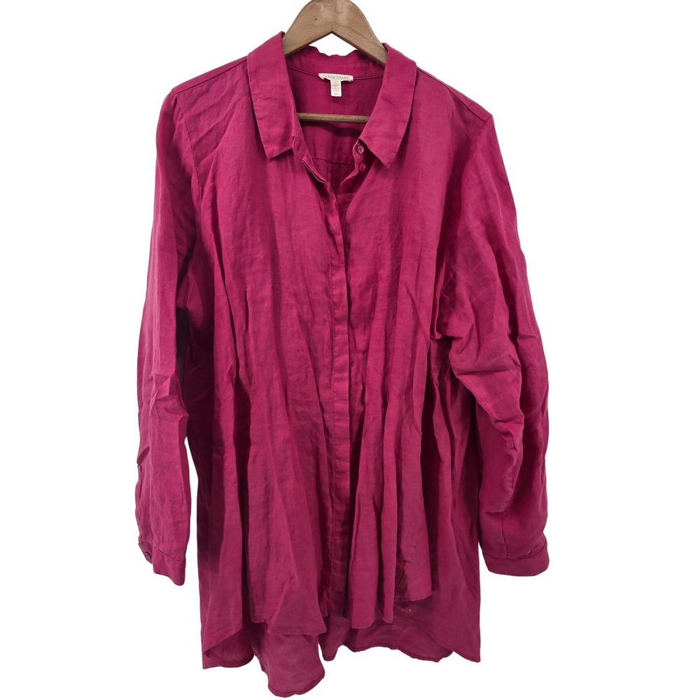 Eileen Fisher Magenta Button-Down Linen Blend Shirt